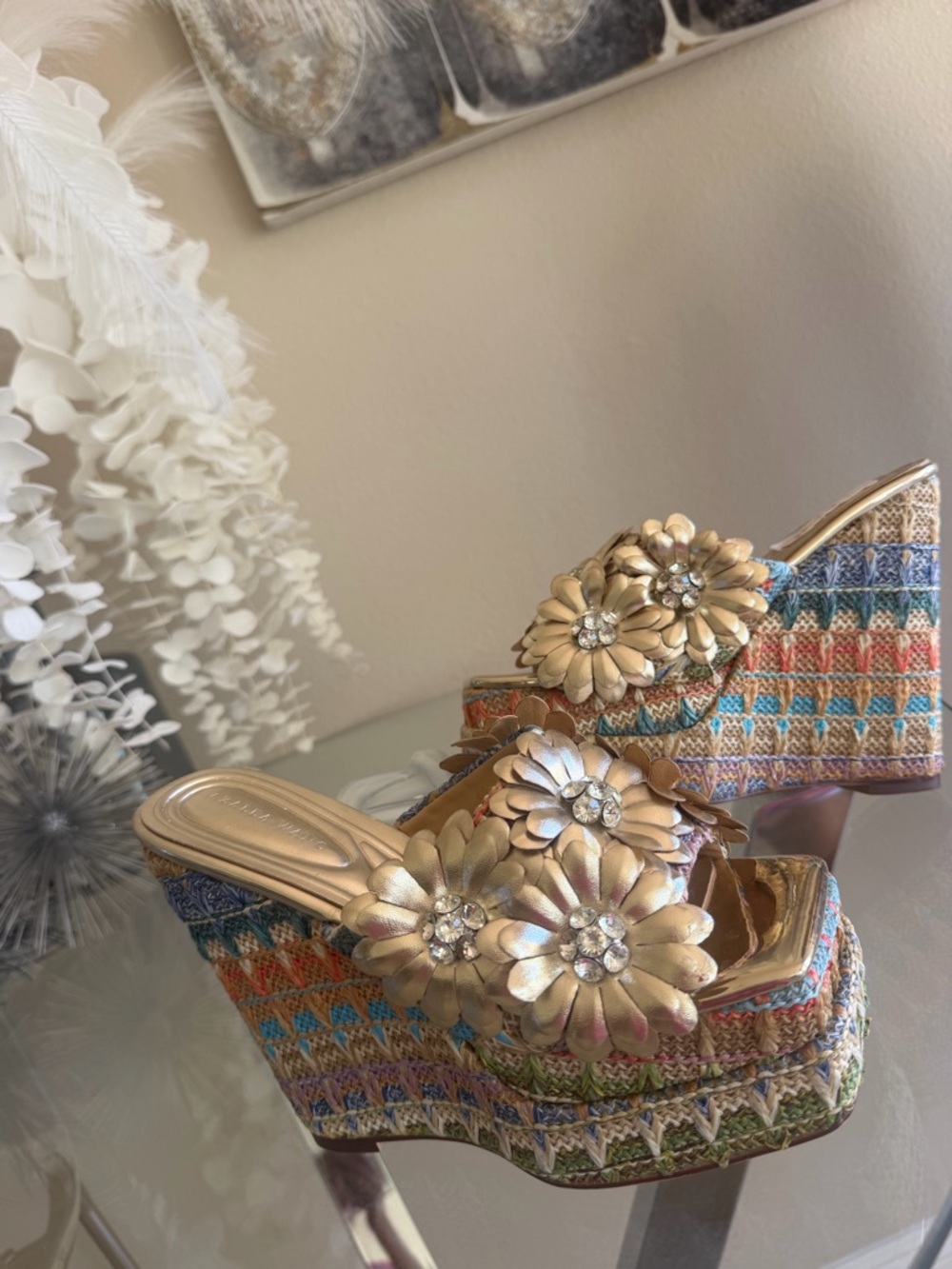 Gold Floral Multicolor Wedge Sandals